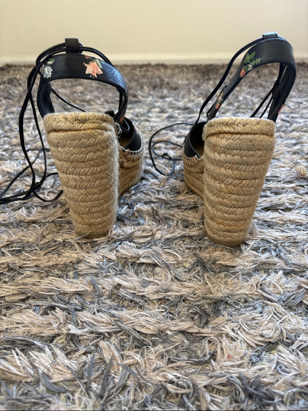 Saint Laurent Natural Raffia Wedges with Black Floral Ties 36 - Picture 6 of 13